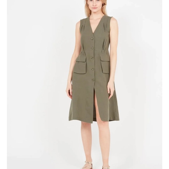 THE KORNER Khaki Midi Button Front Dress - Picture 2 of 13